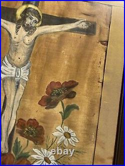 Antique Religious Folk Art Painting on Cloth Theorem Jesus Crucifix with Flowers