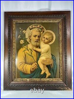 Antique Religious Framed Print Saint Joseph & Child Jesus by Leiber Garland