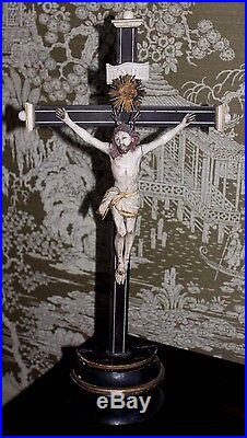 Antique Religious French Christ Crucifix Hand Carved Wooden Altar Cross France