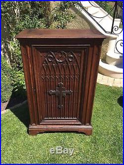 Antique Religious French Gothic Cabinet with Large Crucifix in Oak 19th Century
