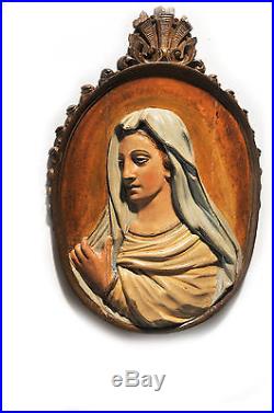 Antique Religious French Gothic Carved Wood Panel, Blessed Mother Original Paint