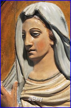 Antique Religious French Gothic Carved Wood Panel, Blessed Mother Original Paint