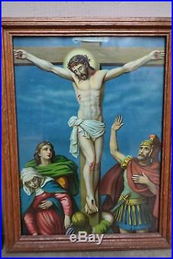 Antique Religious French Stations of the Cross, Complete 14, Framed Colorful
