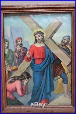 Antique Religious French Stations of the Cross, Complete 14, Framed Colorful