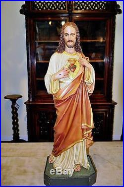 Antique Religious French Statue of Christ Jesus Hand Painted Large Model
