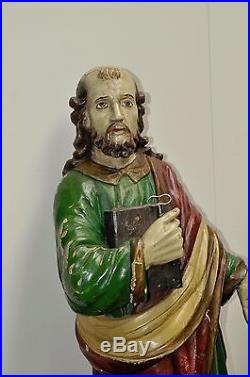 Antique Religious French Statue of St. Peter Hand Carved Wood