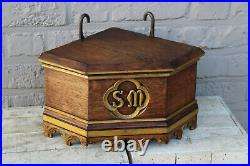 Antique Religious French church monogram Wood carved neo gothic corner console