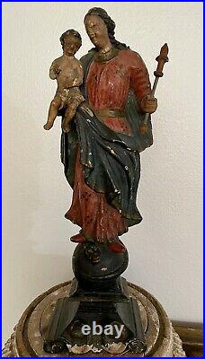 Antique Religious Hand Carved Wood Frenc Gothic Statue Of Madonna And Child