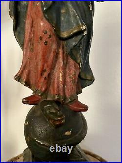 Antique Religious Hand Carved Wood Frenc Gothic Statue Of Madonna And Child