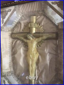 Antique Religious Home Altar Celluloid Crucifix Diorama 3D Victorian 1800s