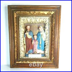 Antique Religious Home Altar of the Holy Family Confraternity in Wood Shadow Box