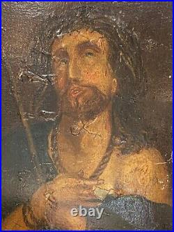 Antique Religious Icon Jesus Oil On Wood Panel