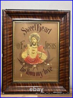 Antique Religious Jesus Framed Needlepoint Celluloid Art Tiger Stripe Rare