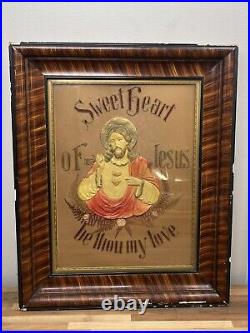 Antique Religious Jesus Framed Needlepoint Celluloid Art Tiger Stripe Rare