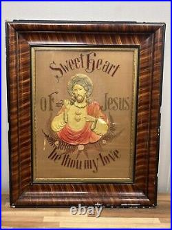 Antique Religious Jesus Framed Needlepoint Celluloid Art Tiger Stripe Rare