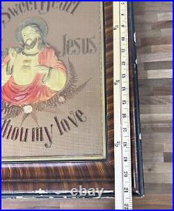 Antique Religious Jesus Framed Needlepoint Celluloid Art Tiger Stripe Rare