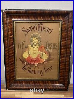 Antique Religious Jesus Framed Needlepoint Celluloid Art Tiger Stripe Rare