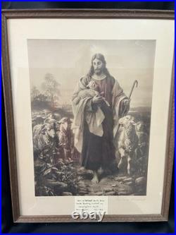 Antique Religious Jesus The Good Shepard 1800s Plockhorst Print Original Frame Antique Religious Jesus The Good Shepard 1800s Plockhorst Print Original Frame