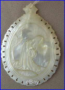 Antique Religious Large Medal Pendant Carved Mother of Pearl 19th. C