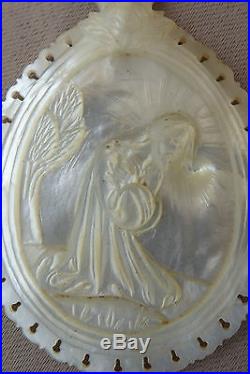 Antique Religious Large Medal Pendant Carved Mother of Pearl 19th. C