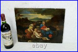 Antique Religious Mary rabbit putti cherub 18thc oil canvas maroufle painting