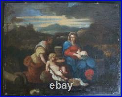 Antique Religious Mary rabbit putti cherub 18thc oil canvas maroufle painting