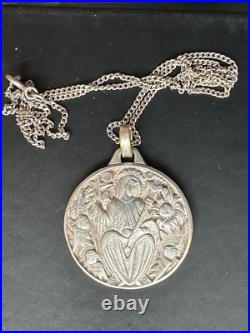 Antique Religious Medal Figural scene with Angels, Sterling Silver chain 925