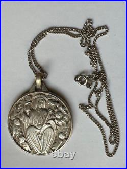 Antique Religious Medal Figural scene with Angels, Sterling Silver chain 925