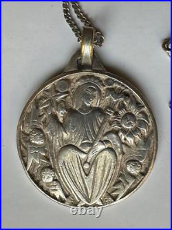 Antique Religious Medal Figural scene with Angels, Sterling Silver chain 925