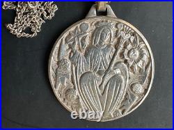 Antique Religious Medal Figural scene with Angels, Sterling Silver chain 925