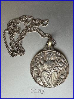 Antique Religious Medal Figural scene with Angels, Sterling Silver chain 925