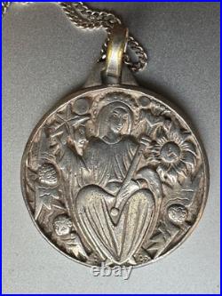 Antique Religious Medal Figural scene with Angels, Sterling Silver chain 925