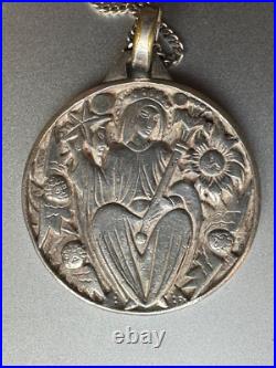 Antique Religious Medal Figural scene with Angels, Sterling Silver chain 925