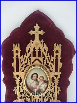 Antique Religious Miniature Porcelain Portrait Plaque Saint Joseph & Child Jesus