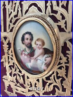 Antique Religious Miniature Porcelain Portrait Plaque Saint Joseph & Child Jesus