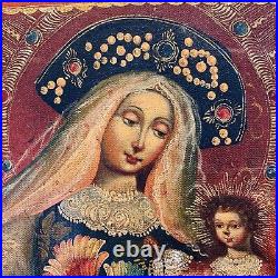 Antique Religious Oil Painting Our Lady With Child And Rosary Stunning