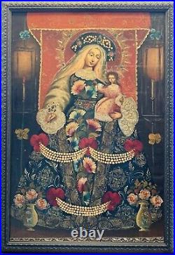 Antique Religious Oil Painting Our Lady With Child And Rosary Stunning