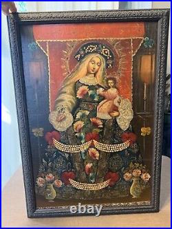 Antique Religious Oil Painting Our Lady With Child And Rosary Stunning