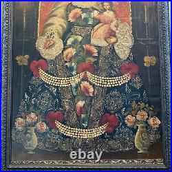 Antique Religious Oil Painting Our Lady With Child And Rosary Stunning