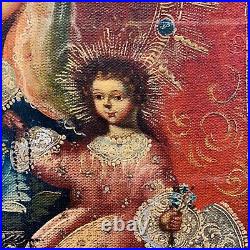 Antique Religious Oil Painting Our Lady With Child And Rosary Stunning