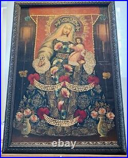 Antique Religious Oil Painting Our Lady With Child And Rosary Stunning