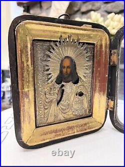 Antique Religious Oil Painting Wood Shadow Box Icon Jesus Christ gilt Silver