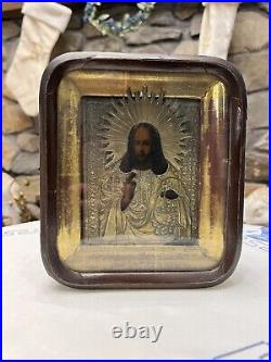 Antique Religious Oil Painting Wood Shadow Box Icon Jesus Christ gilt Silver