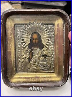 Antique Religious Oil Painting Wood Shadow Box Icon Jesus Christ gilt Silver