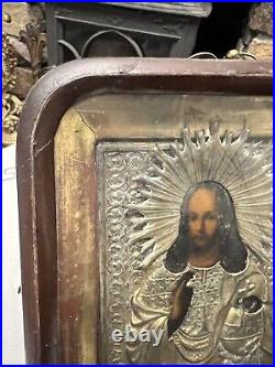 Antique Religious Oil Painting Wood Shadow Box Icon Jesus Christ gilt Silver