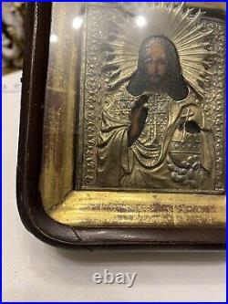 Antique Religious Oil Painting Wood Shadow Box Icon Jesus Christ gilt Silver