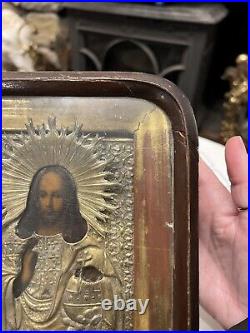 Antique Religious Oil Painting Wood Shadow Box Icon Jesus Christ gilt Silver