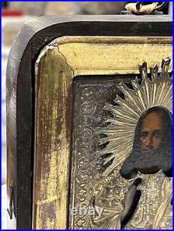 Antique Religious Oil Painting Wood Shadow Box Icon Jesus Christ gilt Silver