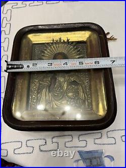 Antique Religious Oil Painting Wood Shadow Box Icon Jesus Christ gilt Silver