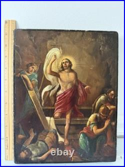 Antique Religious Painting Resurrection of Christ Hand Painted on Wood Panel
